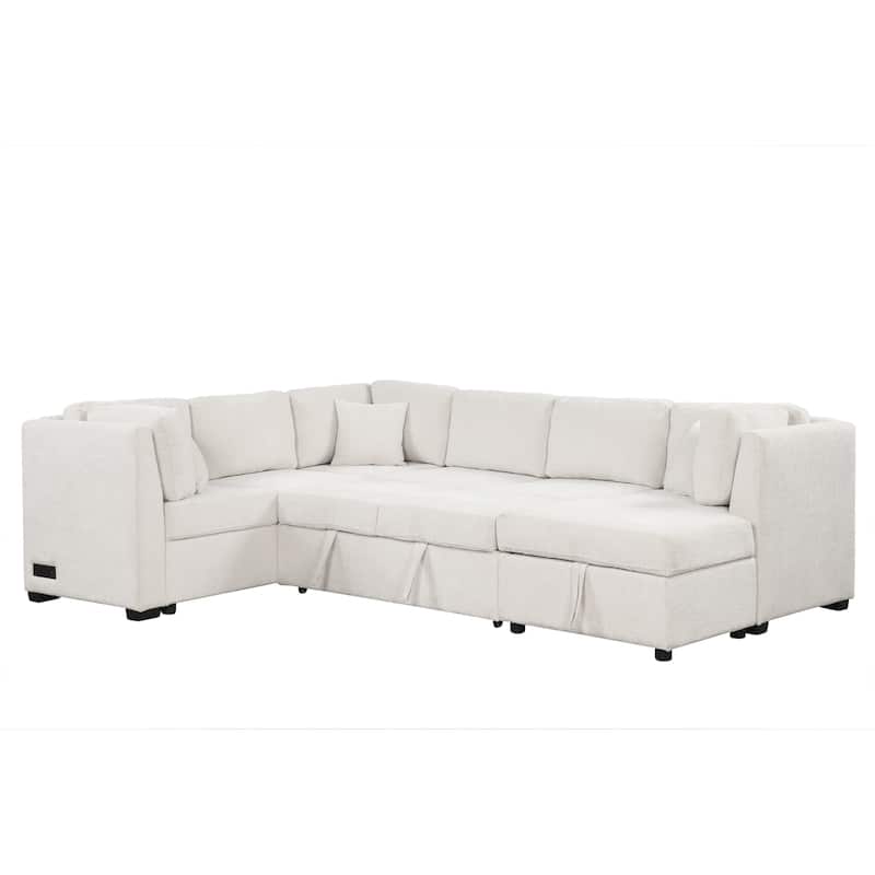 U-shaped Sectional Sofa Pull out Sofa Bed Chaise Lounge w/ USB Ports