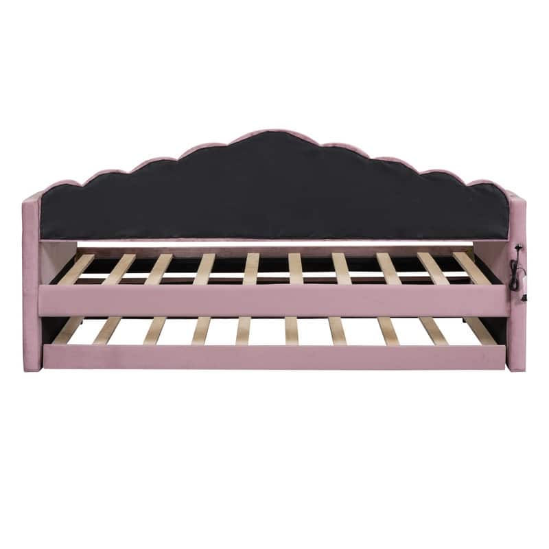 Twin Size Velvet Upholstered Daybed with Trundle,USB Charging Ports
