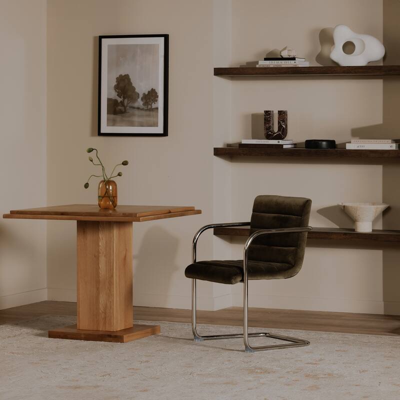 Title: NADAAL STUDIOS Cyran Dining Chair, Faux Green Upholstery, Stainless Steel Cantilever Frame - Set of 2