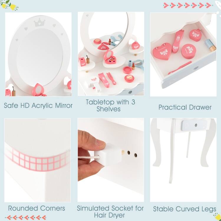 Kids 2-in-1 Princess Makeup Table and Chair Set with Removable Mirror-White - 19.5" x 13.5" x 36.5"