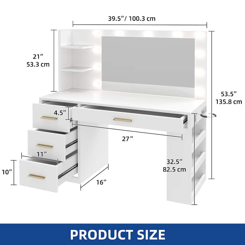 Moasis 40" Makeup Vanity with Mirror and Lighted ,Vanity Table with Power Outlet and 4 Drawers & Storage Shelves