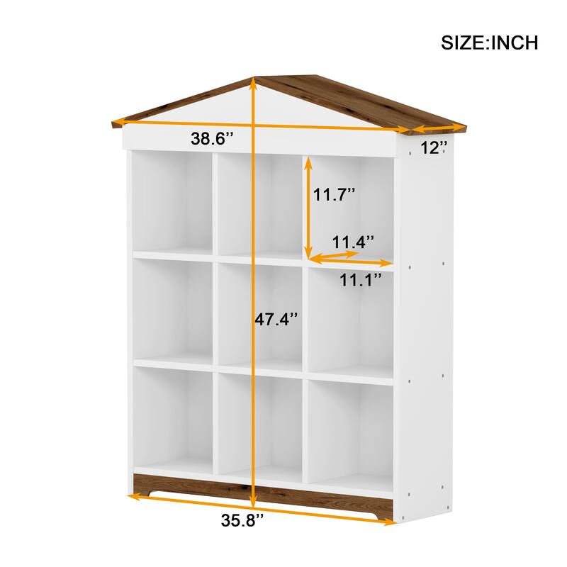 House shaped Storage Rack with Nine Storage Compartments,Three layer Bookshelf with Colorblock Design