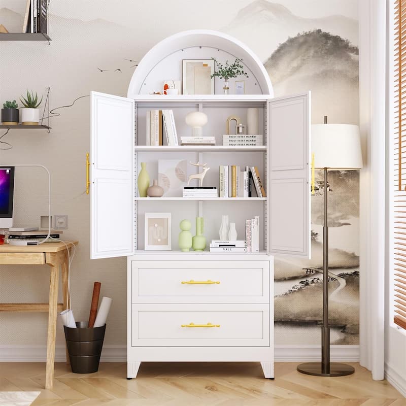 73"H Metal Tall Arched Kitchen Pantry Storage Cabinet with 2 Door and Drawer