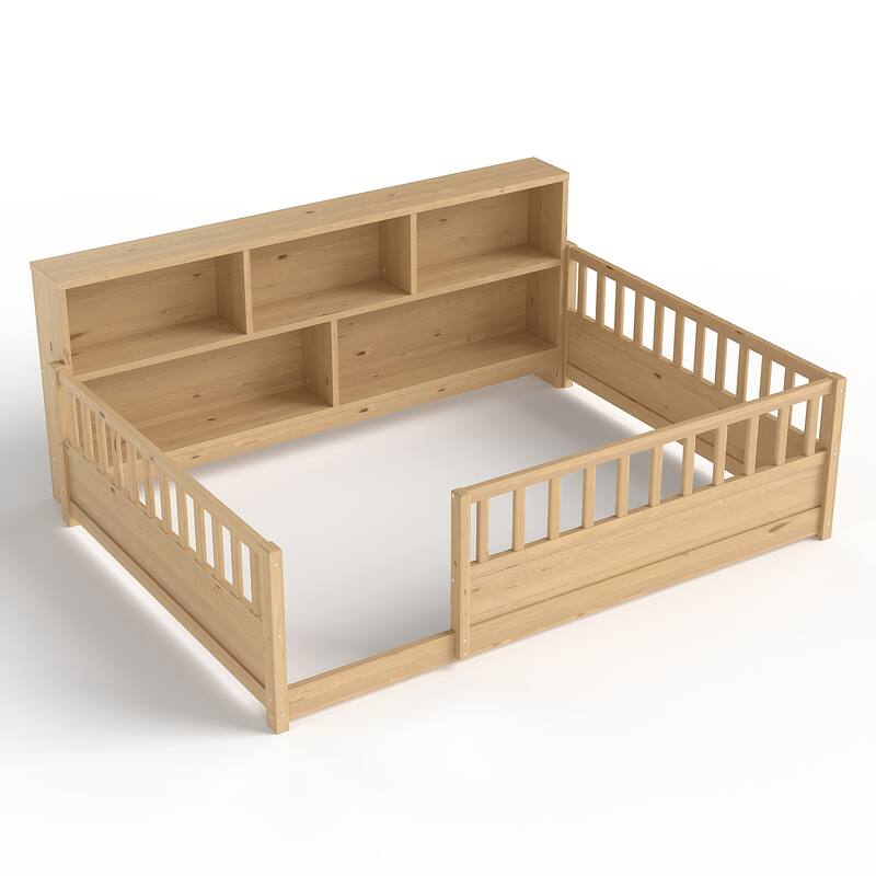 Wooden Floor Bed Frame with Fence Guardrail & Side Storage, Low Profile Kids Bed (Full/Twin)