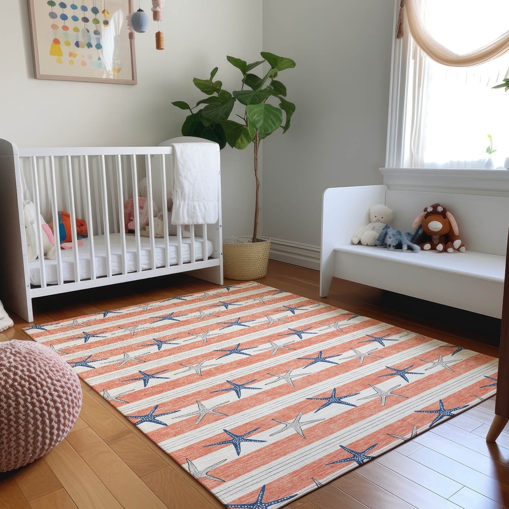 Premium Washable Super Soft Starfish Coastal Stripes Mayfield Rug