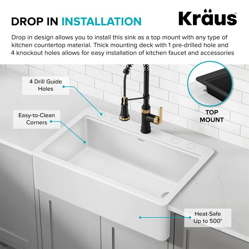 Kraus KGTF1-33 Bellucci 33" White Farmhouse Single Basin Quartz