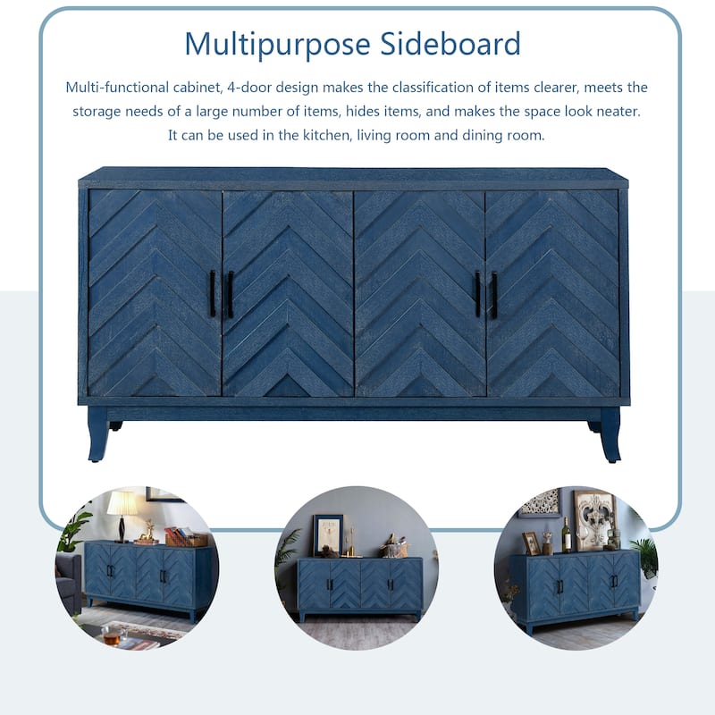 Sideboard Cabinet with 4 Doors, Kitchen Buffet Cabinet with Solid Wood Base, Coffee Bar Cabinet with Adjustable Shelves