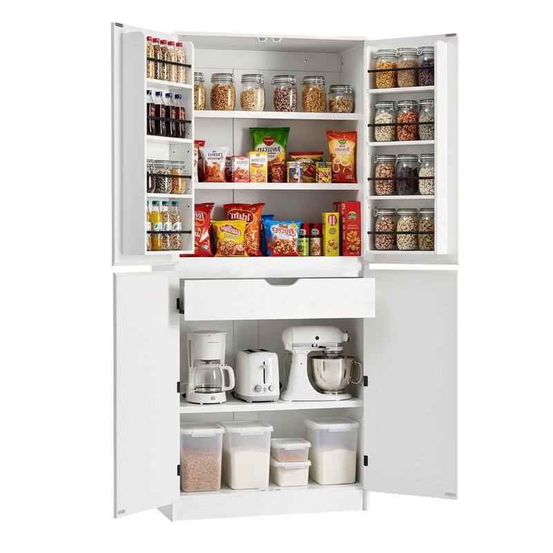 Farmhouse 72" Tall Kitchen Pantry Cabinet, Freestanding Curved Design with Adjustable Shelves and Hidden Drawer