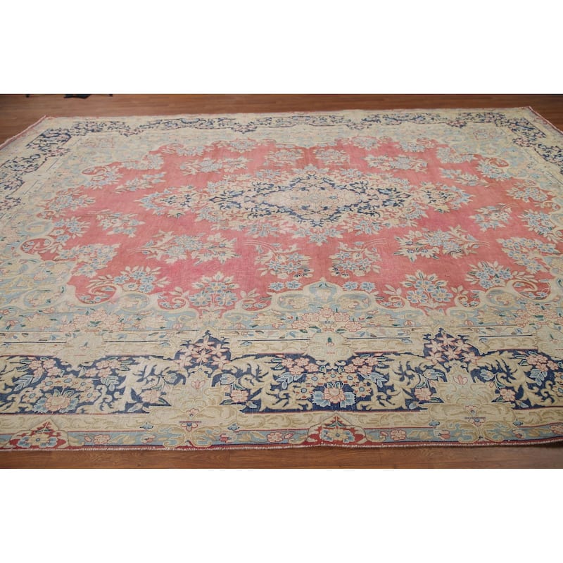 Hand Knotted Oriental 100% Wool Carpet Traditional Floral Pink Kerman Area Rug - 14' 0'' X 9' 11''