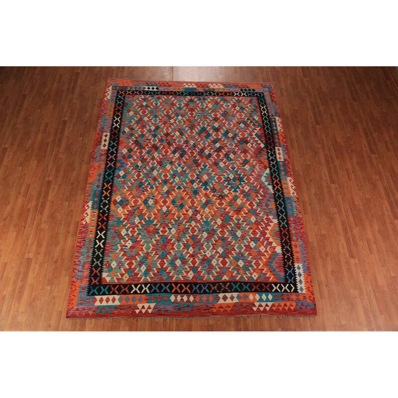 All-Over Geometric Kilim Oriental Area Rug Flatweave Wool Carpet - 8'7"x 11'4"