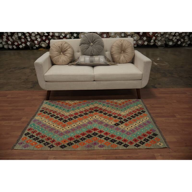 Hand Woven Oriental 100% Wool Carpet Southwestern All-Over Multi-Colored Kilim Area Rug - 5' 0'' X 3' 4''