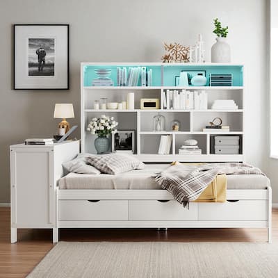 Full Size Wooden Daybed with Desk, Shelves & Lights, 3 Drawers, Reversible Layout, 76 x 68.9 x 65.2 in