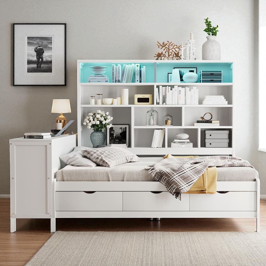 Full Size Wooden Daybed with Desk, Shelves & Lights, 3 Drawers, Reversible Layout, 76 x 68.9 x 65.2 in