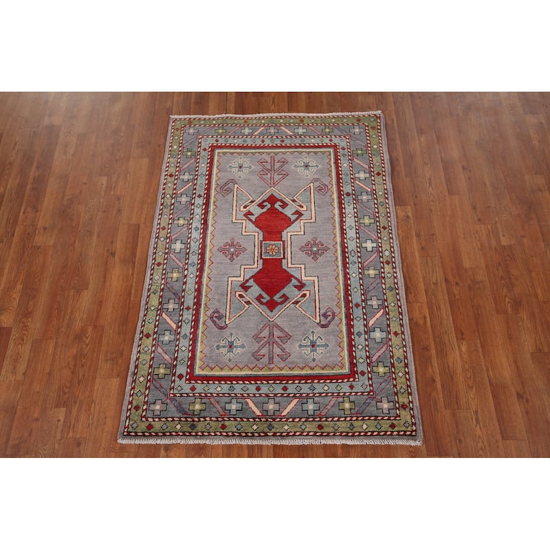 Grey Traditional Kazak Oriental Accent Rug Handmade Wool Carpet - 3'3" x 4'10"