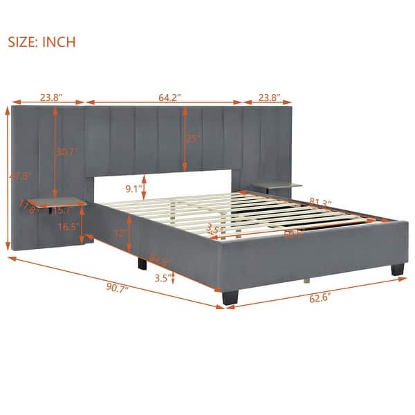 dimension image slide 2 of 6, Plush Upholstered Platform Bed Frame with Oversized Headboard and 2 Side Storage Shelf, Velvet Fabric Wingback Bed