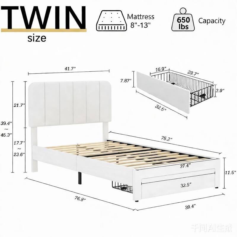 VECELO 2-Pack Kid Bed Frame Set Twin Size Platform Bed with Adjustable Upholstered Headboard Storage Drawer No Box Spring Needed