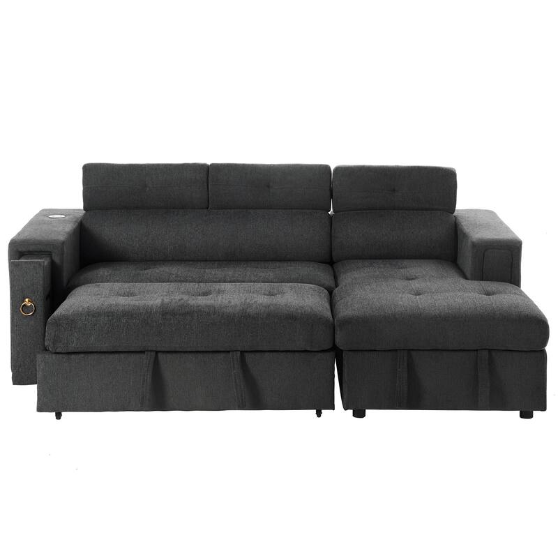 96" L-Shaped 3-Seat Sectional Sofa with Pull-Out Bed, Wireless Charging, Hidden Storage, and Cup Holders