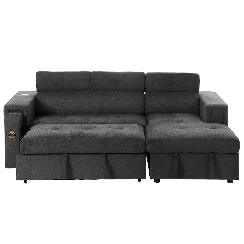 96" L-Shaped 3-Seat Sectional Sofa with Pull-Out Bed, Wireless Charging, and Hidden Storage with Cup Holders