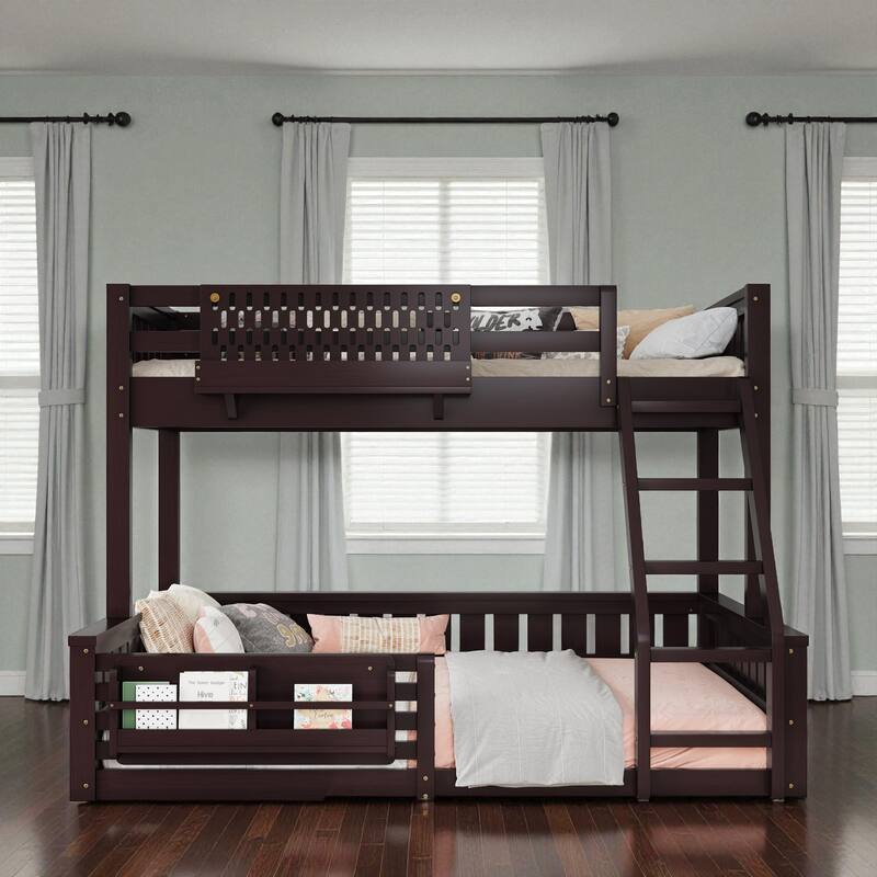 Twin XL over Queen Bunk Bed with Ladder, Guardrails, Pegboard Storage and Built-in Bookshelf, Solid Wood Frame