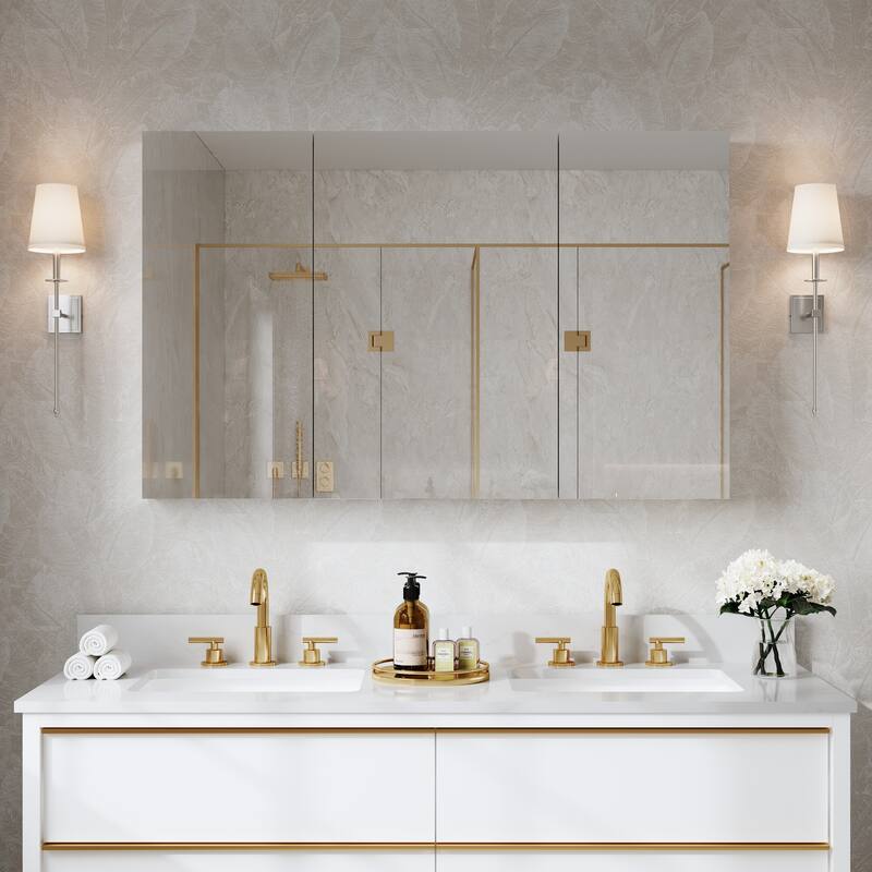 Recessed or Surface Wall Mount Bathroom Medicine Cabinet With Adjustable Glass Shelves - 48"W X30"H, Three Door Open