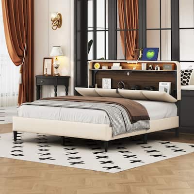 Roomfitters Queen Size Upholstered Platform Bed with Storage Headboard, USB Ports, and Sockets, Linen Fabric