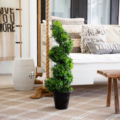 Boxwood Spiral Topiary Artificial Outdoor Potted Tree - 3' - Green