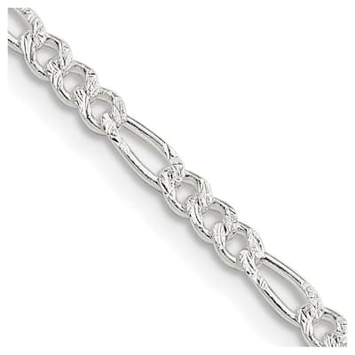 Curata 925 Sterling Silver 3mm Pave Flat Figaro Chain Necklace