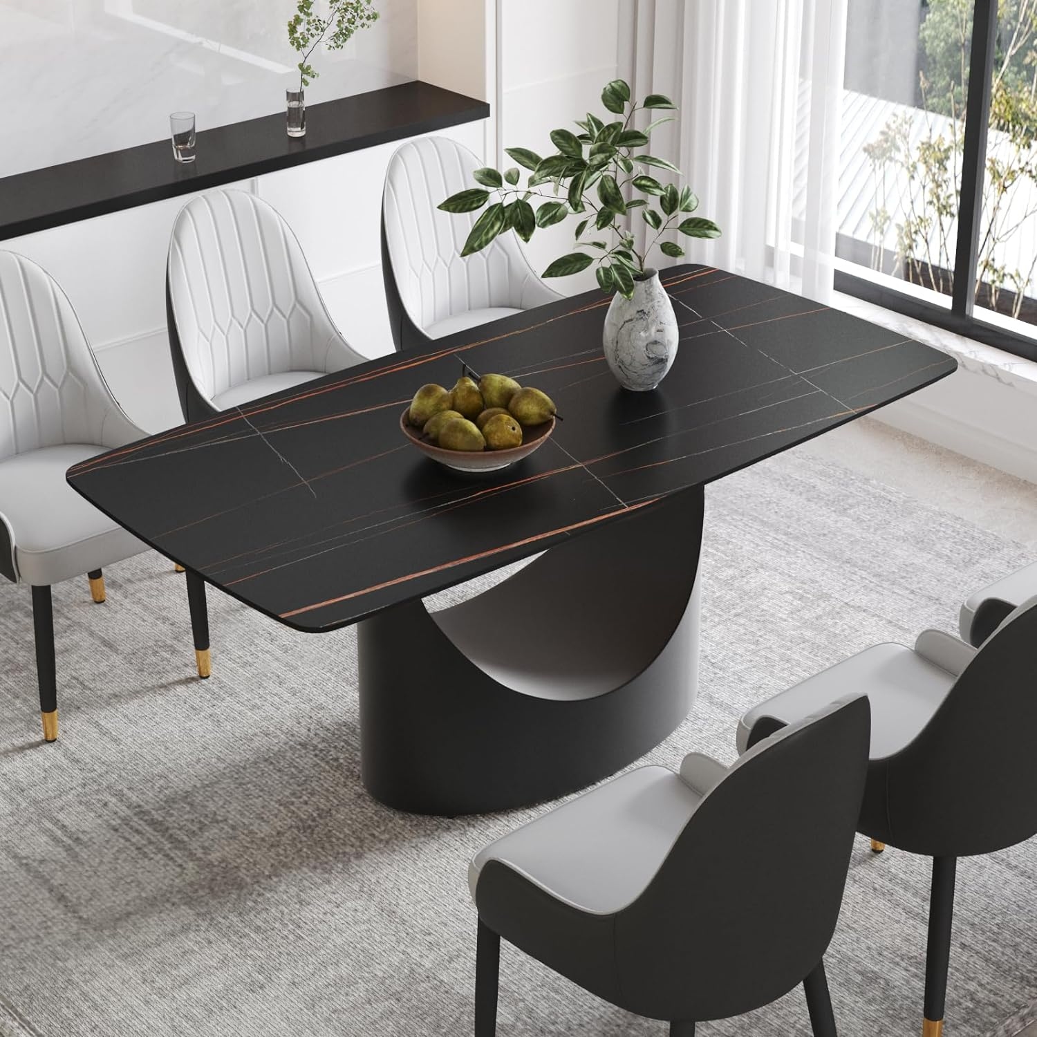 71 Black Marble Sintered Stone Table Top Rectangle Dining Room Table with Unique U Shape Black Carbon Steel Pedestal