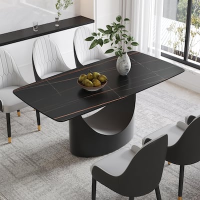 71" Black Marble Sintered Stone Table Top,Rectangle Dining Room Table with Unique U-Shape Black Carbon Steel Pedestal