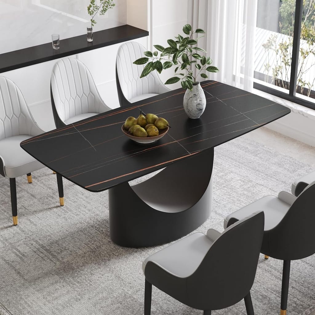 71" Black Marble Sintered Stone Table Top,Rectangle Dining Room Table with Unique U-Shape Black Carbon Steel Pedestal