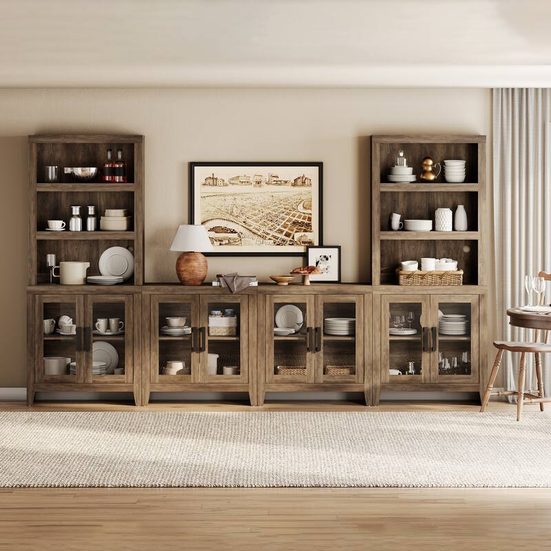 WAMPAT Farmhouse Entertainment Center with Bookshelves, Modular TV Stand with Storage Cabinets & Glass Doors
