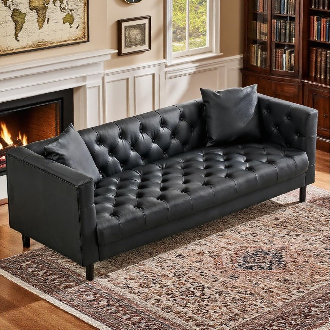 78" Mid-Century Modern 3-Seater Chesterfield Sofa with Deep Seat & 2 Pillows, Button Tufted Leather