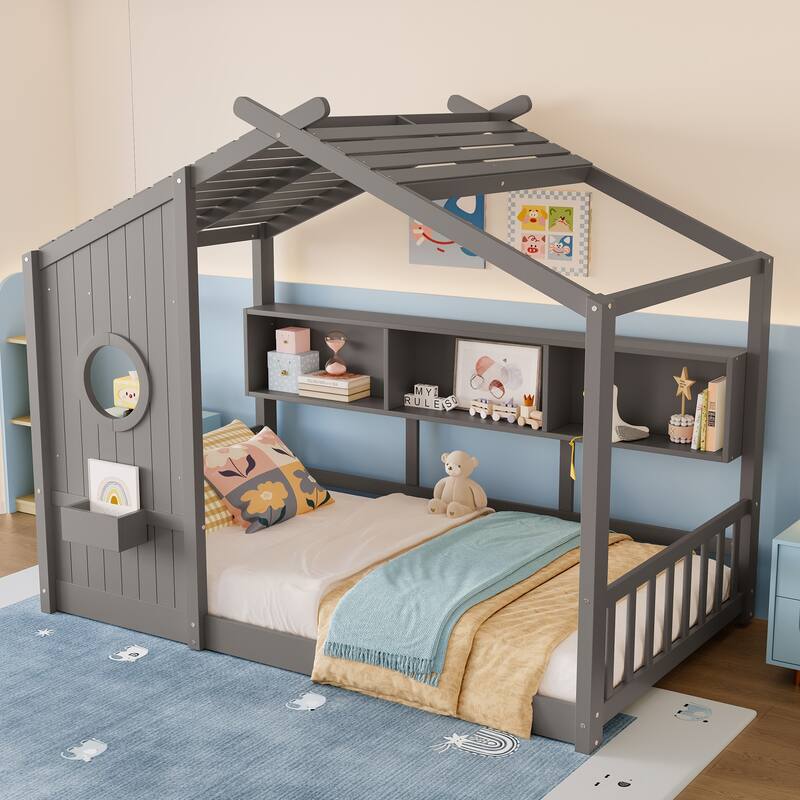 House Bed Frame for Toddler Floor Bed, Kids Montessori Bed with Storage Shelf and Round Window, Playhouse Bed with Roof Design - Grey - Twin