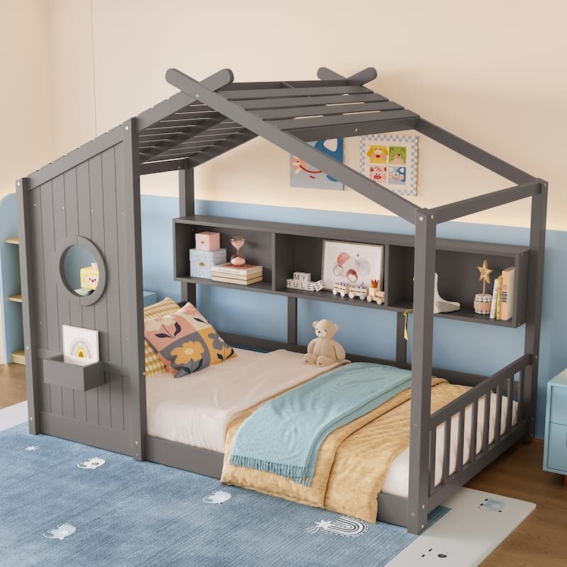 Twin Size Floor House Bed for Toddler, Kids Montessori Bed with Storage Shelf, Playhouse Bed with Roof Design