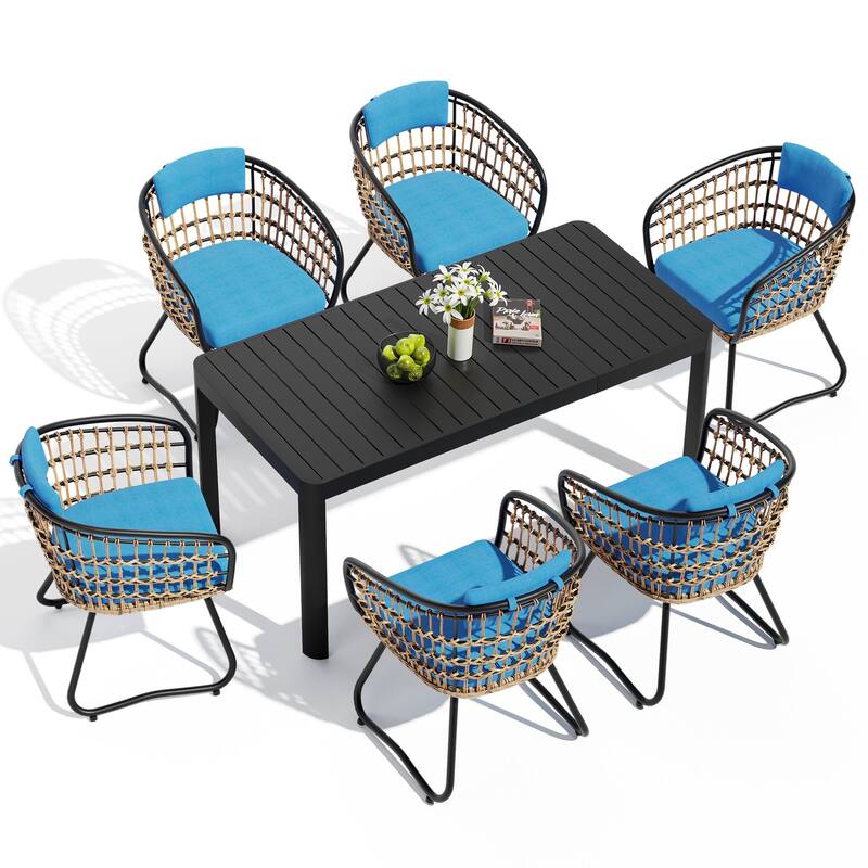 7-Piece Outdoor Patio Dining Set Expandable Rectangular Aluminum Dining Table with PE Rattan Dining Chairs