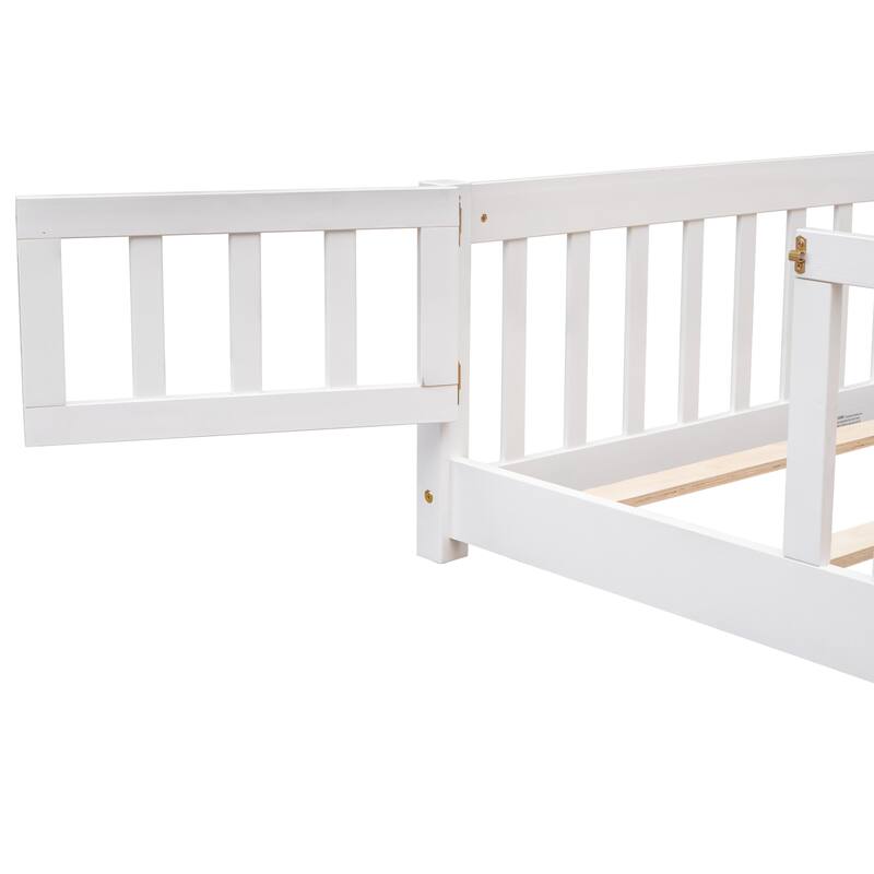 Full size Floor Platform Bed with Fence and Door, White