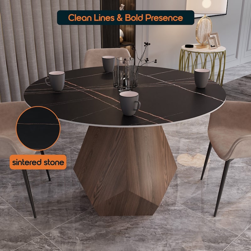 Nebo Round 47" Tempered Glass or Sintered Stone Top Dining Table with Geometric Design Ashwood Pedestal Base Kitchen Table