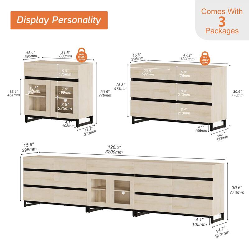 3 in 1 TV Stand for TVs up to 120 inches, TV Console with 12 Drawer, Entertainment Center for Living Room, Bedroom