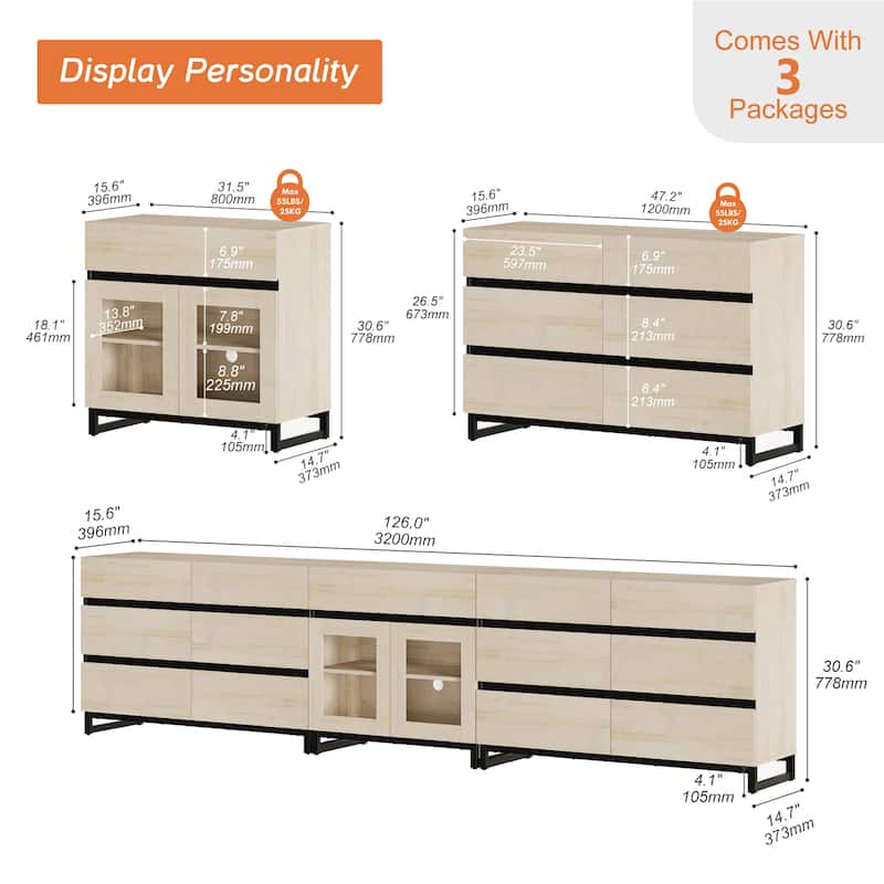 WAMPAT 3 in 1 Modern Sideboard with Glass Doors and 3 Drawers, Coffee Bar Cabinet for Kitchen