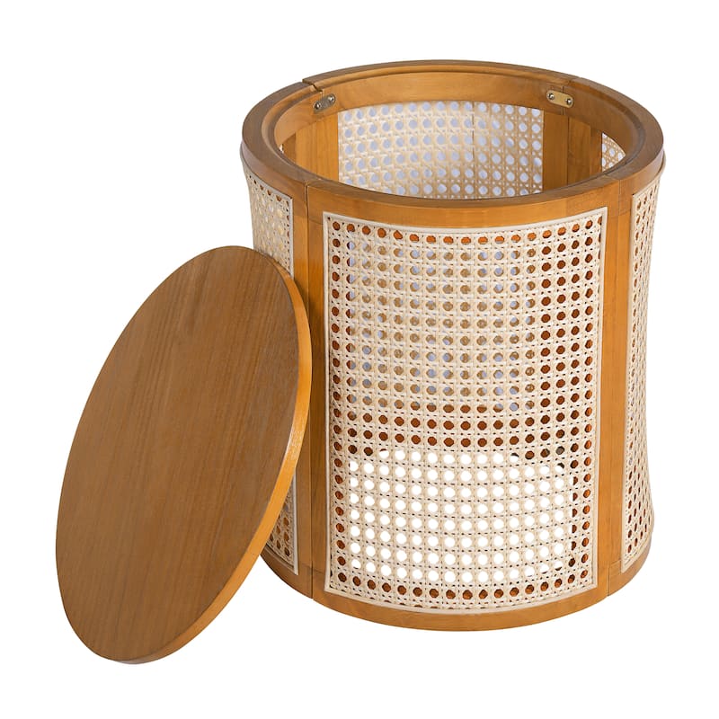 15.70" Round End Table, Hollow Woven Side Table, Small Rubber Wood Nightstand, Rattan Woven Tea Desk