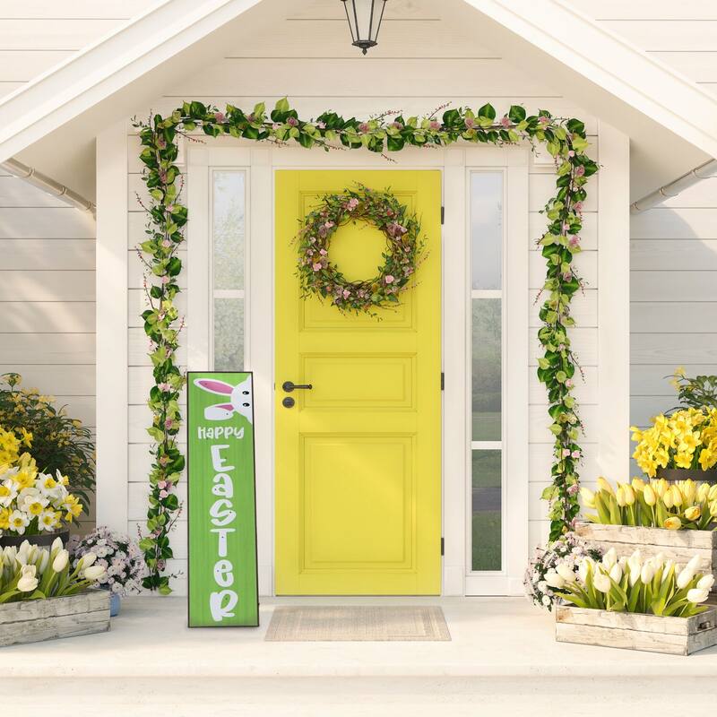 Fraser Hill Farm 45-In. HAPPY EASTER Porch Leaner Sign w/Battery-Operated LED Lights, Festive Spring Decoration, Green
