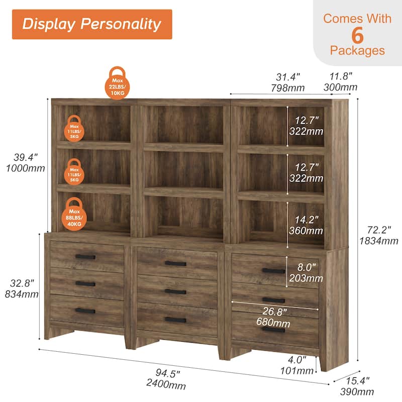 3-Tier Bookshelf with 3 Large Drawers, 74" Tall Farmhouse Bookcase with Wide Metal Handles, for Living Room, Office, Library