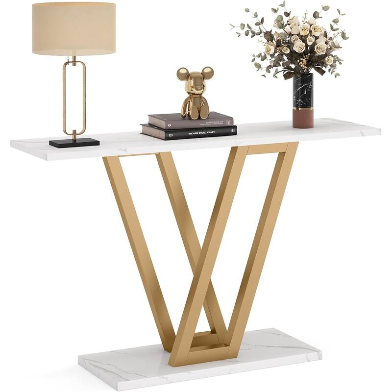 43"Modern Gold Console Table with Faux Marble Top, Narrow Entryway Table with V-Leg Metal Frame, Slim Sofa Table for Hallway