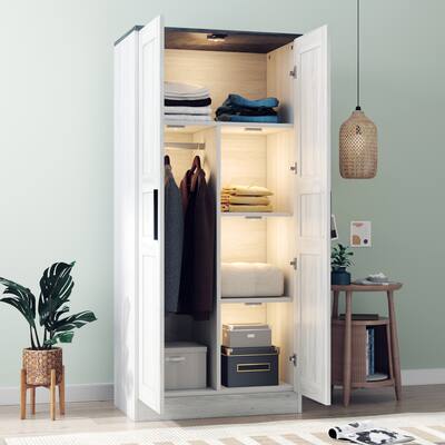 2-Doors Wardrobe with LED Light and Hanging Rod, Space-Saving Wooden Armoire with 4 Storage Compartments and Shelves