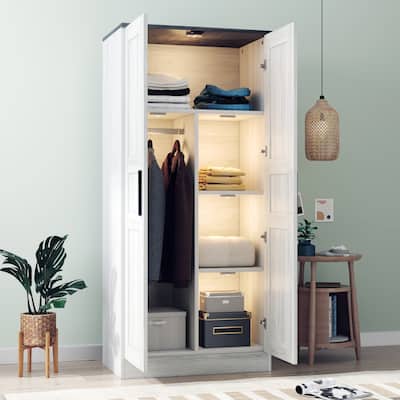 Wooden Wardrobe Armoire with LED Lights, Hanging Rod & Storage Shelves