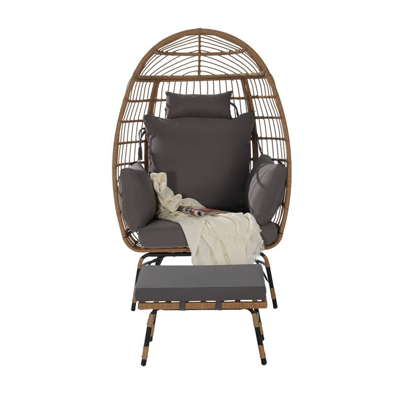 Wicker Egg Chair with Ottoman, Oversized Indoor Outdoor Lounger for Patio, Backyard, Living Room