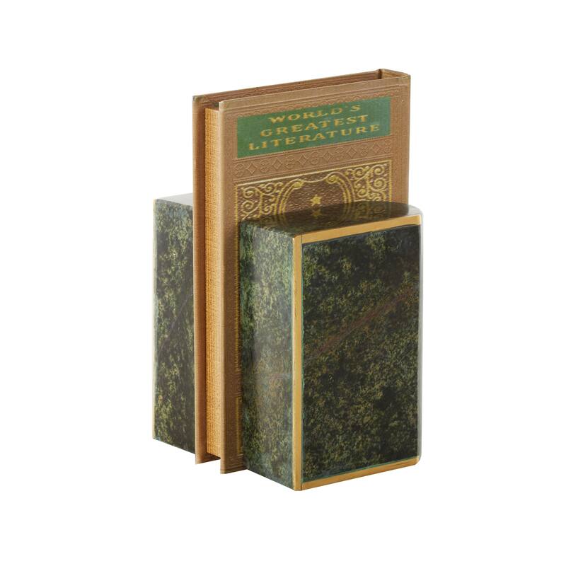 Green Marble Curved Rectangular Decorative Bookends with Gold Accents (Set of 2)