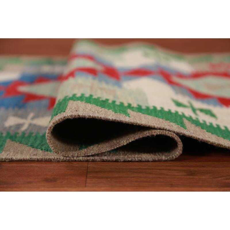 Hand Woven Oriental 100% Wool Carpet Southwestern Geometric Multi-Colored Kilim Runner Rug - 12' 9'' X 2' 7''