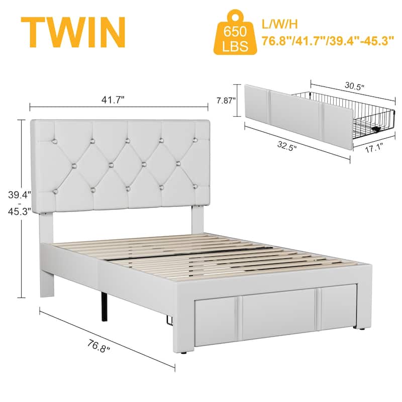 Javlergo 2-Piece Twin Bed Frame Set 39.4-45.3" Adjustable Height PU Leather Headboard with Diamond Embellishment Storage Drawer