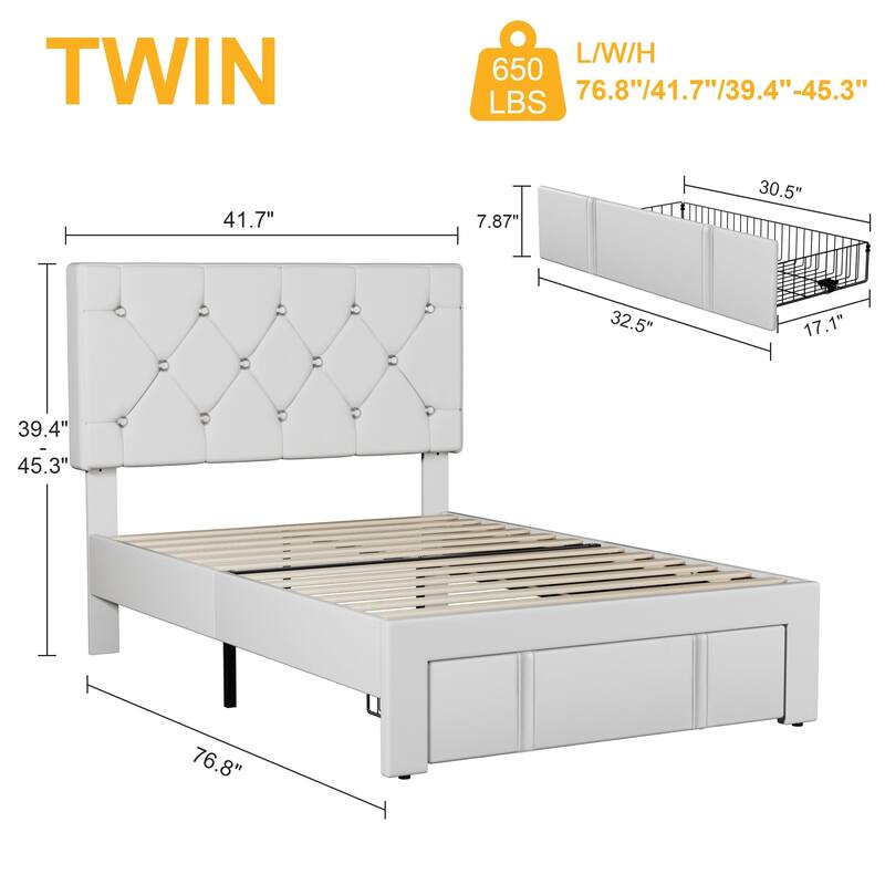VECELO Bed Frame with Storage Drawers, Leather Upholstered with Diamond Tufted Headboard, Solid Wood Slat Support